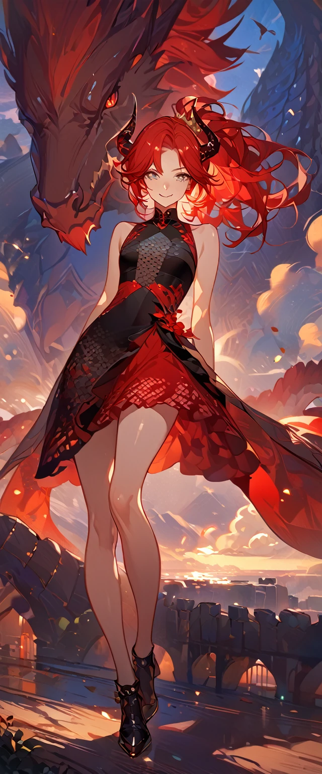 masterpiece, best quality, 8k ,4k , 1girl, teenage girl, dragon girl, red hair, gray eyes, big , slender waist, small waist, small thigh, horn, hair ornament, finely detailed eyes and detailed face, looking at viewer, Black sleeveless top, gradually transparent embroidery skirt, skirt to the knee, majestic looks, smiling gently, Lace dress, patterned clothes, red scale scattered pattern clothes, meticulous clothes, revealing clothes, mature clothes, majestic looks, smiling gently, small bird, full body, artist : ask, art style : ask