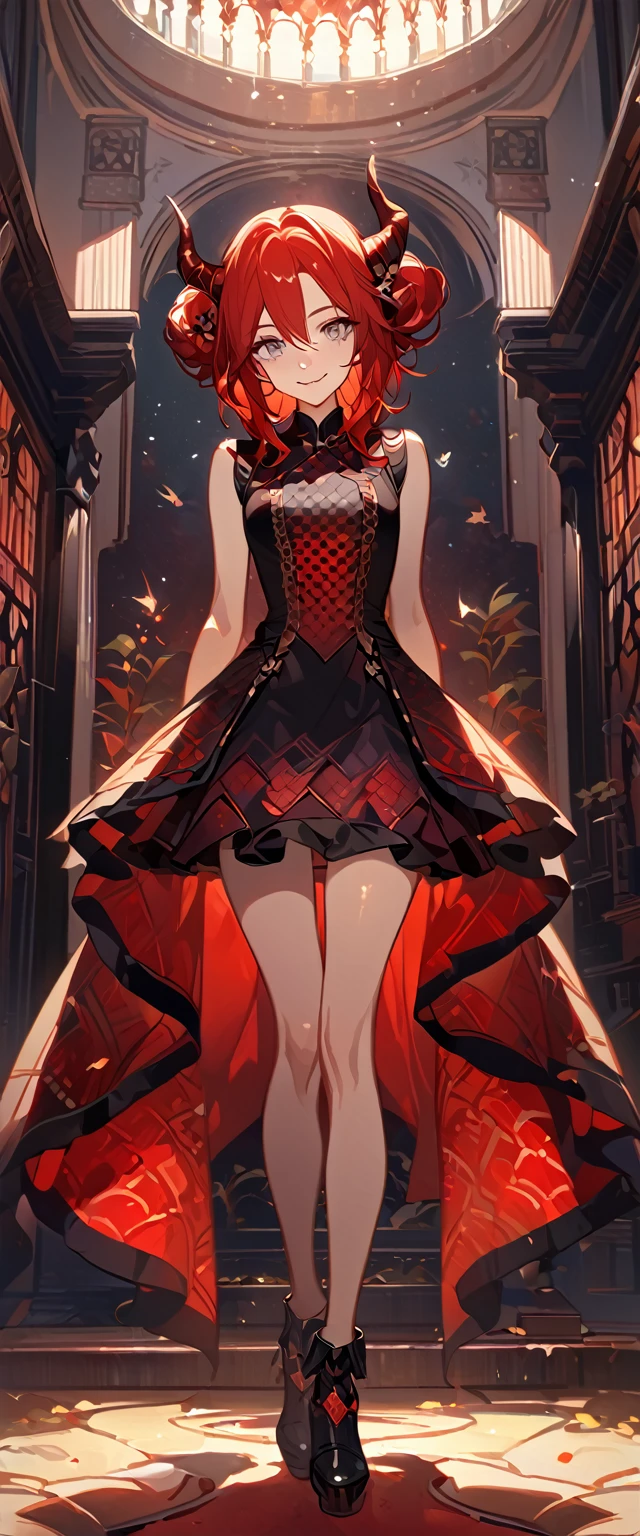 masterpiece, best quality, 8k ,4k , 1girl, teenage girl, dragon girl, red hair, gray eyes, big , slender waist, small waist, small thigh, horn, hair ornament, finely detailed eyes and detailed face, looking at viewer, Black sleeveless top, gradually transparent embroidery skirt, skirt to the knee, majestic looks, smiling gently, Lace dress, patterned clothes, red scale scattered pattern clothes, meticulous clothes, revealing clothes, mature clothes, majestic looks, smiling gently, small bird, full body, artist : ask, art style : ask