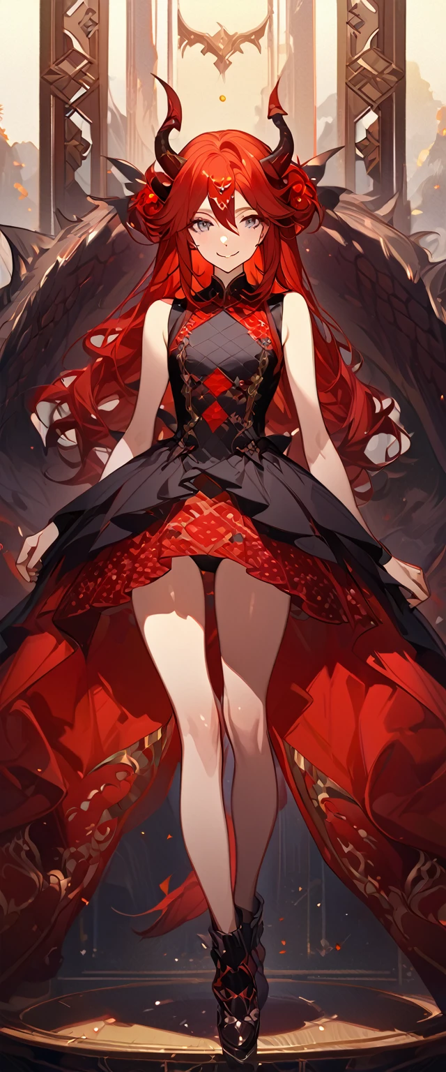 masterpiece, best quality, 8k ,4k , 1girl, age girl, dragon girl, red hair, gray eyes, big , slender waist, small waist, small thigh, horn, hair ornament, finely detailed eyes and detailed face, looking at viewer, Black sleeveless top, gradually transparent embroidery skirt, skirt to the knee, majestic looks, smiling gently, Lace dress, patterned clothes, red scale scattered pattern clothes, meticulous clothes, revealing clothes, mature clothes, majestic looks, smiling gently, small bird, full body, artist : ask, art style : ask