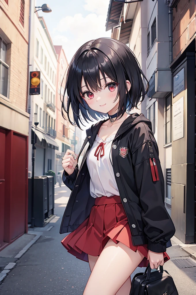 (masterpiece, highest quality, highest quality, (No text), Beautiful and aesthetic:1.2),No text,アニメ、BREAK,One Girl，Black Hair Girl　short hair　older sister　choker　Tree Eyes　Beautiful eyes　Red eyes　cool　smile　Red and Black　Black jacket　mini skirt　whole body　In town
