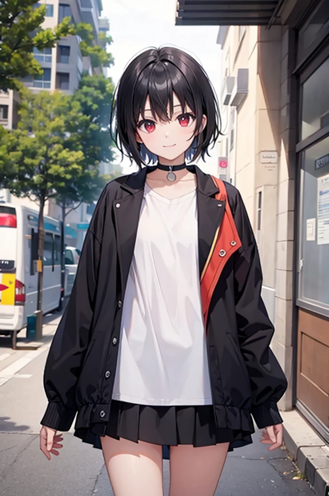 (masterpiece, highest quality, highest quality, (No text), Beautiful and aesthetic:1.2),No text,アニメ、BREAK,One Girl,Black Hair Girl short hair older sister choker Tree Eyes Beautiful eyes Red eyes cool smile Red and Black Black jacket mini skirt whole body In town
