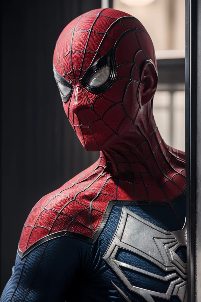 A photograph of spider man, no mask, 20 yo, handsome, detailed face, looking at camera, portrait, 8k uhd, high quality