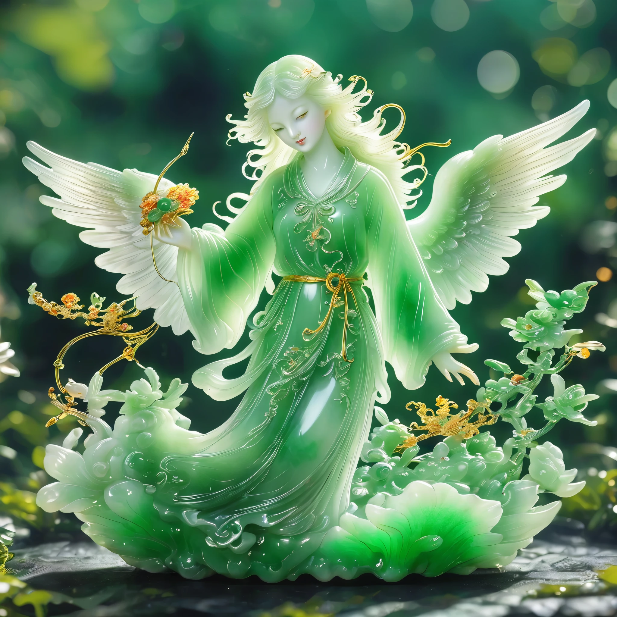 best quality, very good, 16K, ridiculous, Very detailed, Gorgeous((( Angel 1.3))),Made of translucent jadeite, Background grassland((A masterpiece full of fantasy elements))), ((best quality)), ((Intricate details))(8K)