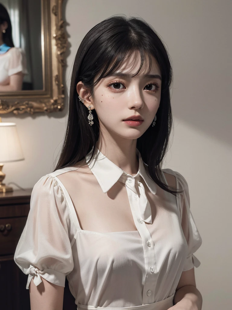 absurdres, RAW photo, extremely delicate and beautiful, masterpiece, Best Quality, ultra high resolution, 32k, hyperrealistic, ultra-detailed, in her 20s, delicate facial features, tearful mole, earring, medium breasts, ((full body shot)), shorter middle hair, black hair, collared shirt dress,