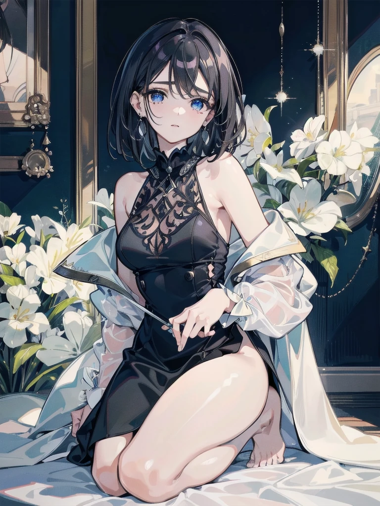 absurdres, RAW photo, extremely delicate and beautiful, masterpiece, Best Quality, ultra high resolution, 32k, hyperrealistic, ultra-detailed, in her 20s, delicate facial features, tearful mole, earring, medium breasts, ((full body shot)), shorter middle hair, black hair, collared shirt dress,