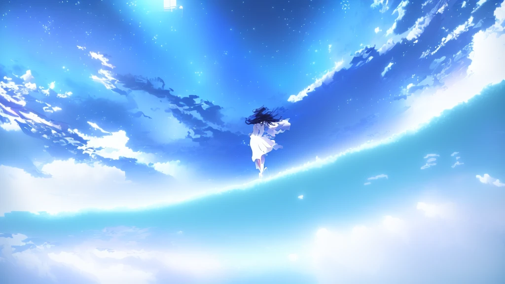 anime, A girl in a white dress floats in the water, Makoto Shinkai Cyril Rolland, anime girl walking on water, anime movie background, beautiful anime scene, today's featured anime still, anime film still, screenshot from the anime film, anime still film anime shikishi, star(null) starry_null