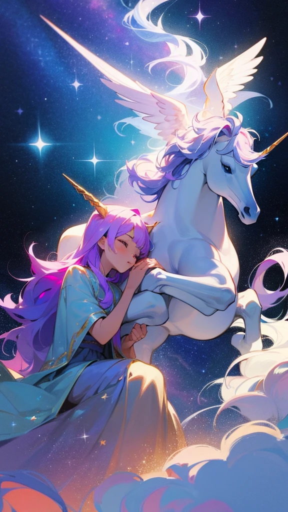 Please draw a unicorn and a heavenly maiden in a beautiful starry sky.