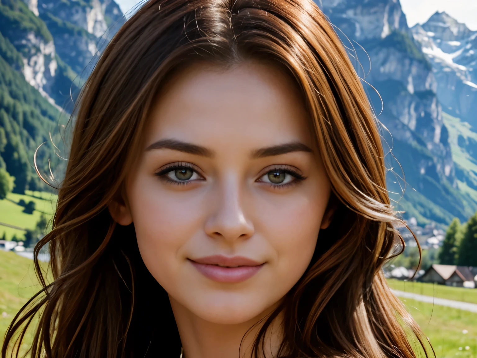 masterpiece, Best Quality, Photorealistic, Ultra-detailed, finely detailed, High resolution, 8K Wallpaper, 1 beautiful woman, light brown hair, Perfect dynamic composition, Beautiful detailed eyes, detailed hairs, Detailed realistic skin texture, Smiling, portrait, Model body type, The background is the village of Lauterbrunnen, Switzerland,