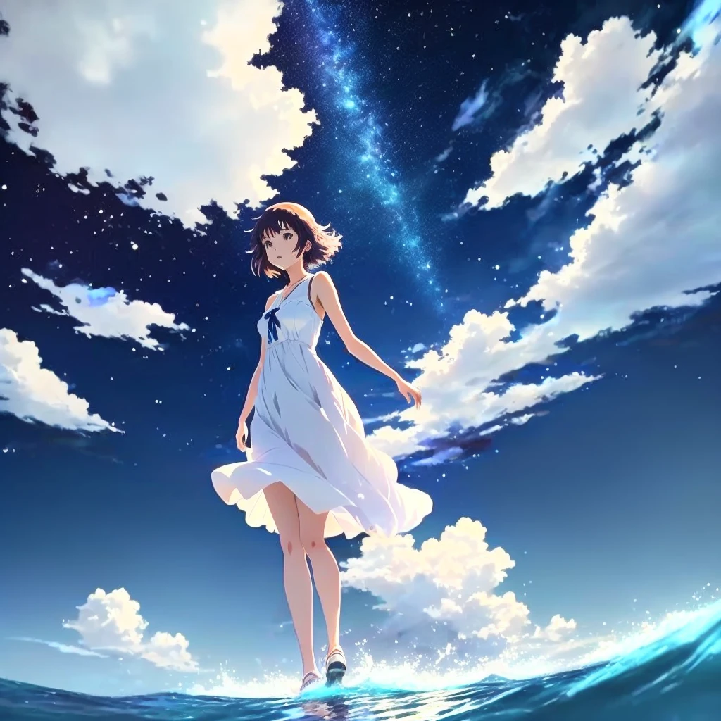 anime, A girl in a white dress floats in the water, Makoto Shinkai Cyril Rolland, anime girl walking on water, anime movie background, beautiful anime scene, today's featured anime still, anime film still, screenshot from the anime film, anime still film anime shikishi, star(null) starry_null