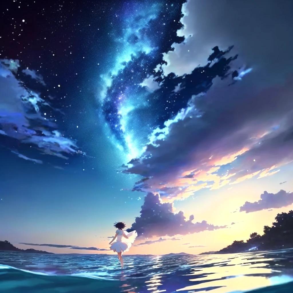 anime, A girl in a white dress floats in the water, Makoto Shinkai Cyril Rolland, anime girl walking on water, anime movie background, beautiful anime scene, today's featured anime still, anime film still, screenshot from the anime film, anime still film anime shikishi, star(null) starry_null