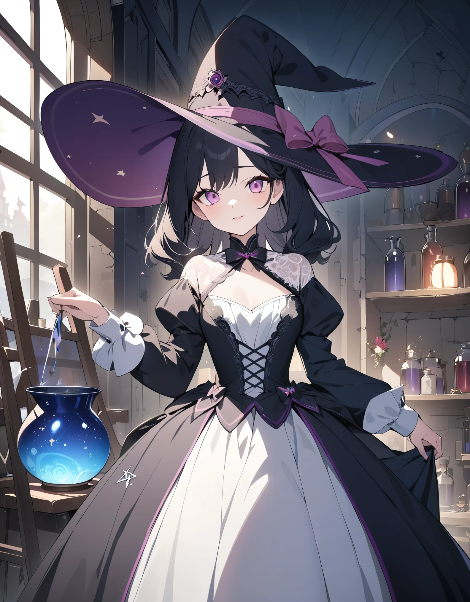 (best quality,4k,highres), pink-eyed,long black hair,girl looks happy,beautiful detailed eyes,beautiful detailed lips,long eyelashes,best quality portrait painting,detailed,physically-based rendering,ultra-fine painting,fine details,painting,a teenage boy has joined a witch coven and gets magically transformed into a cute teenage witch girl,gender bending,witches are helping putting clothes on the new girl,girl happily getting dressed in a stunning black victorian dress, physically-based rendering,gorgeous dress design,flowing gown,elaborate lace details,rich textures,contrast stitching,delicate ribbon bows,floral accents,full skirt,high neckline,long sleeves,fitted waistline,flared cuffs,lace-up back,imperfect fabrics,flawless silhouette,high heels, pink-eyed girl,effeminate face,pointy hat,long black hair,witches assisting in dressing up the new girl,promptly helps the new girl getting dressed in a stunning black Victorian dress,inside an abandoned castle, moonlit night with a full moon shining above, soft and ethereal lighting, magic pot, potions on a shelf, pentagram, high resolution, 4K, 8K