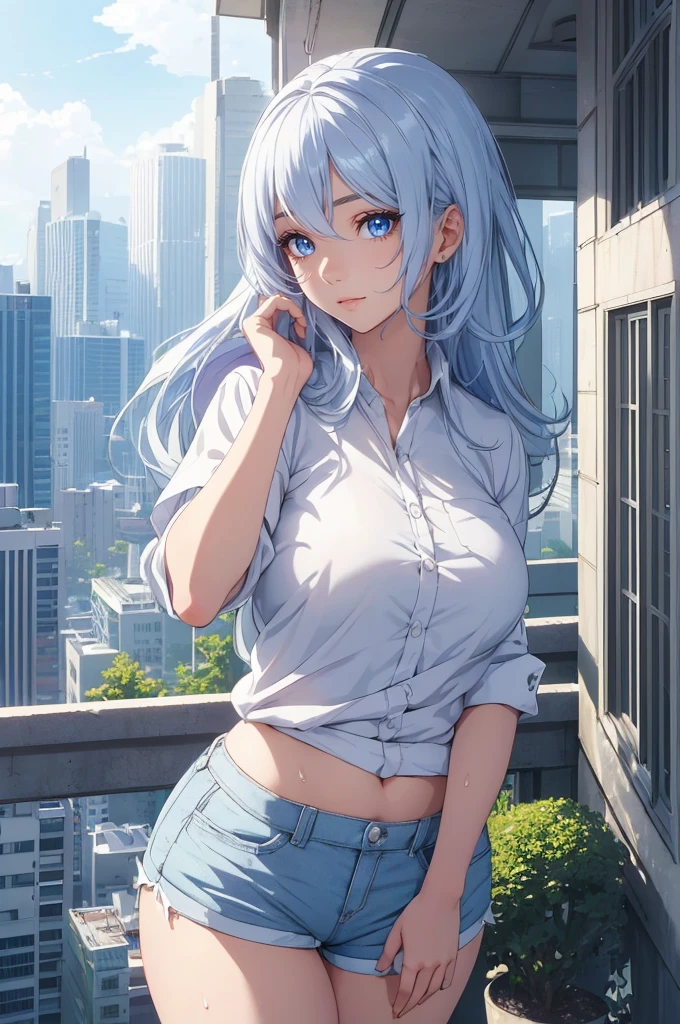 (highest quality:1.3), Super detailed, Sharp focus, Full Color, (Ultra-fine illustration:1.0), (Realistic background:1.5), (digital anime female girl:1.0), (seductive anime girl),
 Drawing a girl blue and white hair, In white shorts, shirt, Full Body Shot, Sweaty, Browsing Caution, gts, (giantess:1.3), city, outdoor