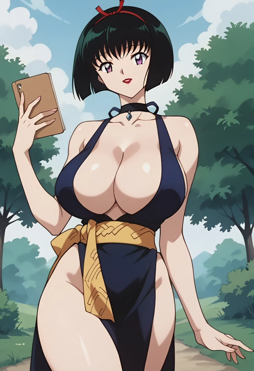 score_9, score_8_up, score_7_up, source_anime, best quality, masterpiece, rating_explicit, uncensored, 1990s (style), anime screencap, megami magazine, BREAK, SAKASAGAMINOYURA, 1GIRL, huge breasts, cleavage, BLACK HAIR, HAIR BAND, BOB_CUT, PURPLE EYES, CHOKER, SLEEVELESS,BLACK  SHORT KIMONO, pelvic curtain, red lip, outdoors, looking at viewer, smile