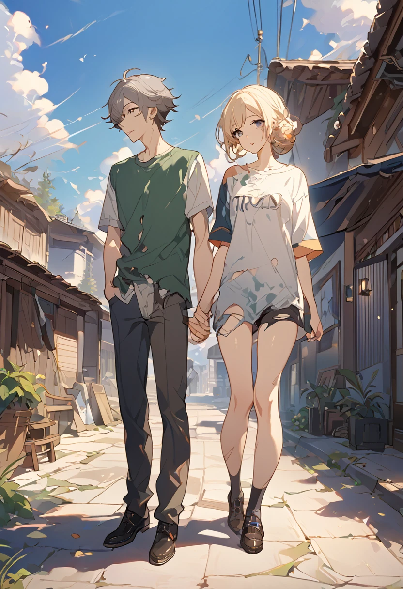 Highest quality、masterpiece、A black-haired, muscular man wearing a tank top、Young man with grey hair and muscular body wearing clothes、They are standing next to each other in the center of the screen, holding hands、I'm shopping、Embarrassed face、Shopping Street、sunset