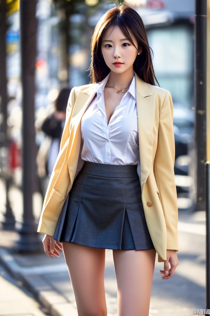 a 16 year old girl, she is the most beautiful actress in the world, the perfect body proportions of this girl, the skin of her upper body with it's large breasts are unexposed 100%, the blazer is firmly covering the waist area of shirt, it's hard for the checked short skirt to hide the crotch area between her bare legs, the things she wears are formal, it's only one description of one body, it's from right above her head to shins below her knees are just within this frame, all her body is looking forward to viewer of this, she is standing at the city street, nsfw, best quality, highly detailed, masterpiece, ultra high res, photo realistic, 8k, RAW photo