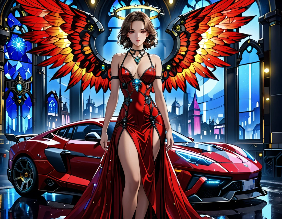 Arafed a ((stained glass artwork picture:1.5)) stained-glass, of a (mech cyberpunk female angel: 1.2) standing in at the street at night near her sports car, night, an exquisite beautiful cyberpunk female angel, best detailed face, ultra detailed face, heaven blue eyes, wearing dark dress, wearing ((intricate mech glamour red evening dress: 1.3)), dress has miniscule mech parts, high tech parts, (white angelic wings: 1.2), spread angelic wings, halo over the head, small cleavage, wearing intricate diamond necklace, wearing elegant high heeled boots, dynamic eye color, dynamic hair color, dynamic hair style, standing near her (sports car: 1.3), cyberpunk street t background at night, moon light and stars, , full body shot, (Masterpiece: 1.5), Vibrant, Ultra-high resolution, High Contrast, masterpiece:1.2, highest quality, Best aesthetics), best details, best quality, highres, ultra wide angle, 16k, [ultra detailed], masterpiece, best quality, (extremely detailed), Mechanicus, intense gaze, stained-glass