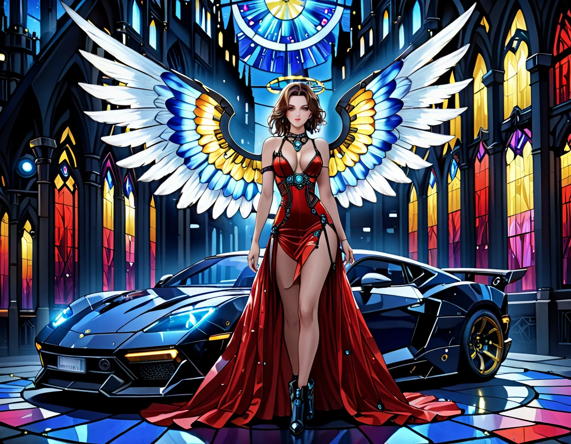 Arafed a ((stained glass artwork picture:1.5)) stained-glass, of a (mech cyberpunk female angel: 1.2) standing in at the street at night near her sports car, night, an exquisite beautiful cyberpunk female angel, best detailed face, ultra detailed face, heaven blue eyes, wearing dark dress, wearing ((intricate mech glamour red evening dress: 1.3)), dress has miniscule mech parts, high tech parts, (white angelic wings: 1.2), spread angelic wings, halo over the head, small cleavage, wearing intricate diamond necklace, wearing elegant high heeled boots, dynamic eye color, dynamic hair color, dynamic hair style, standing near her (sports car: 1.3), cyberpunk street t background at night, moon light and stars, , full body shot, (Masterpiece: 1.5), Vibrant, Ultra-high resolution, High Contrast, masterpiece:1.2, highest quality, Best aesthetics), best details, best quality, highres, ultra wide angle, 16k, [ultra detailed], masterpiece, best quality, (extremely detailed), Mechanicus, intense gaze, stained-glass