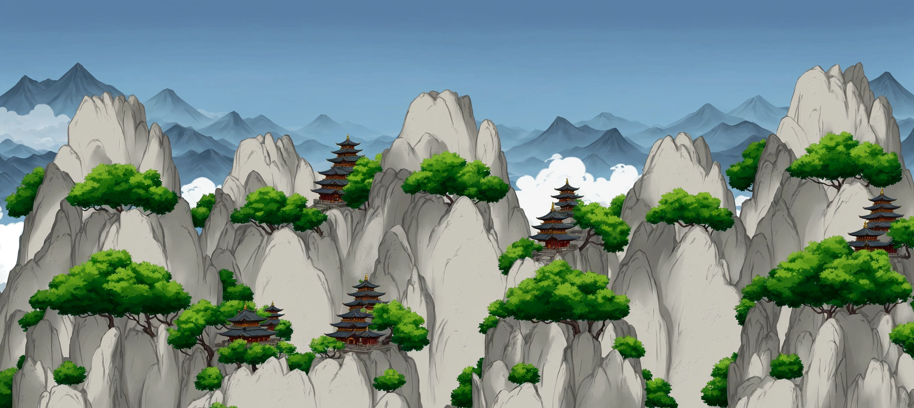 there are many mountains with a pagoda in the middle, temple background, zen temple background, pagodas on hills, dojo on a mountain, mountainous background, detailed scenery —width 672, anime landscape, background depicting a temple, avatar landscape, mobile game background, ancient city landscape, anime landscape wallpaper, 2 d game art background, mountainous area