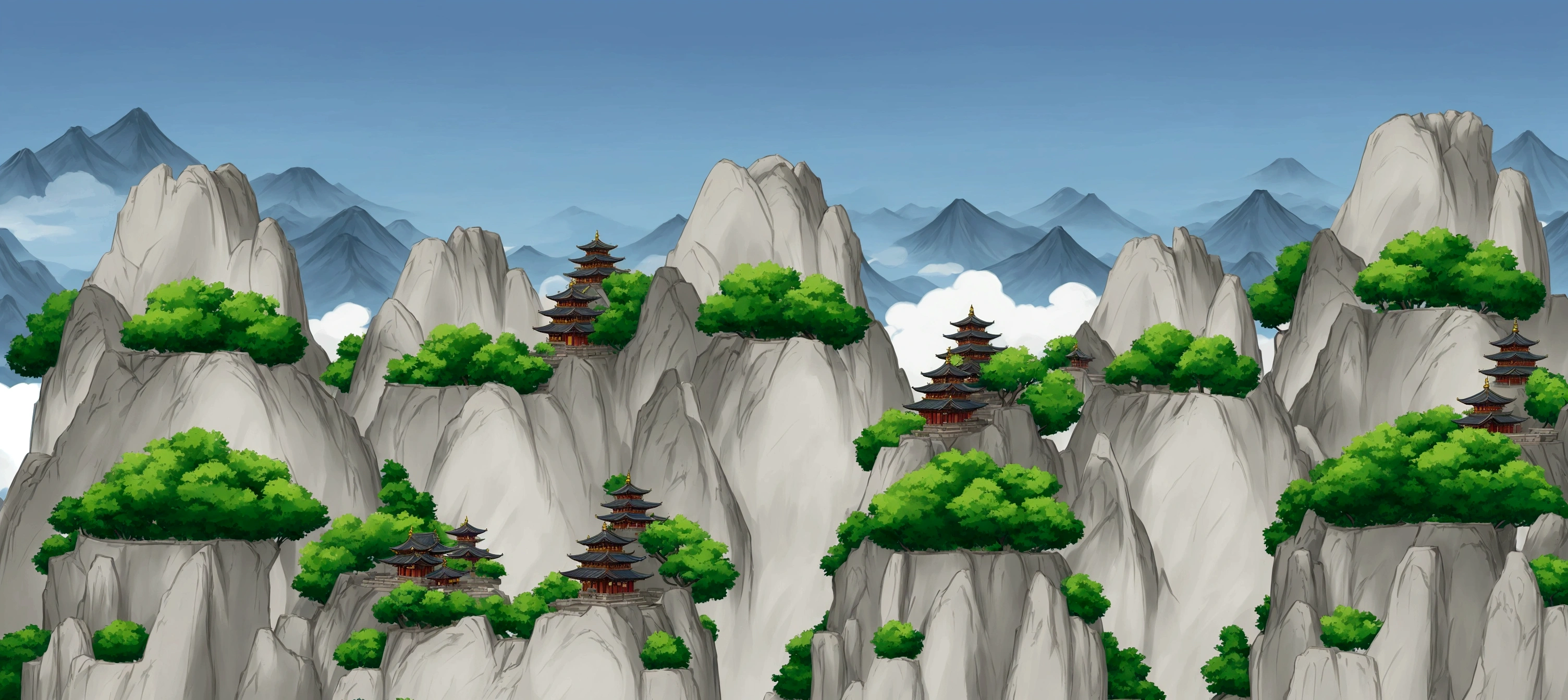 there are many mountains with a pagoda in the middle, temple background, zen temple background, pagodas on hills, dojo on a mountain, mountainous background, detailed scenery —width 672, anime landscape, background depicting a temple, avatar landscape, mobile game background, ancient city landscape, anime landscape wallpaper, 2 d game art background, mountainous area