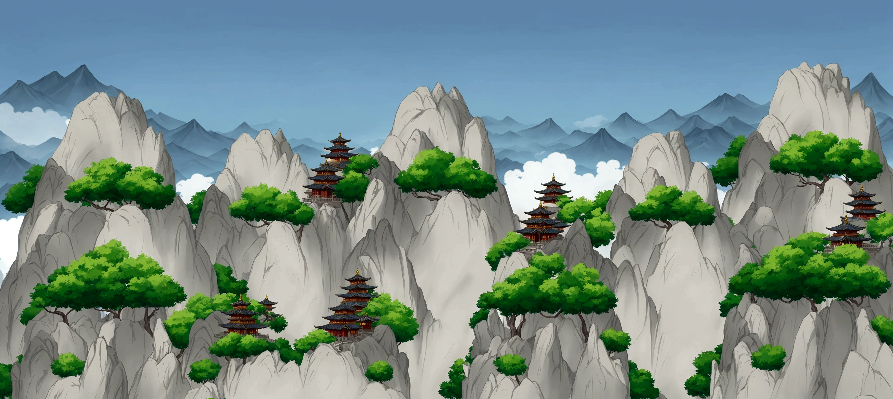 there are many mountains with a pagoda in the middle, temple background, zen temple background, pagodas on hills, dojo on a mountain, mountainous background, detailed scenery —width 672, anime landscape, background depicting a temple, avatar landscape, mobile game background, ancient city landscape, anime landscape wallpaper, 2 d game art background, mountainous area