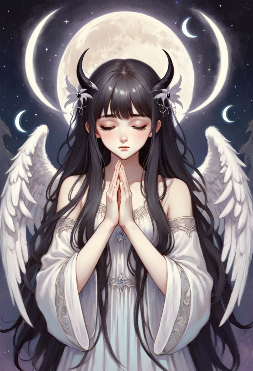 a girl, divided into two halves, left half white angel, right half black demon, anime style, long hair with bangs, hands in prayer, background is white crescent moon, eyes closed, cute, detailed art style, pastel colors, digital painting, fantasy, art nouveau style