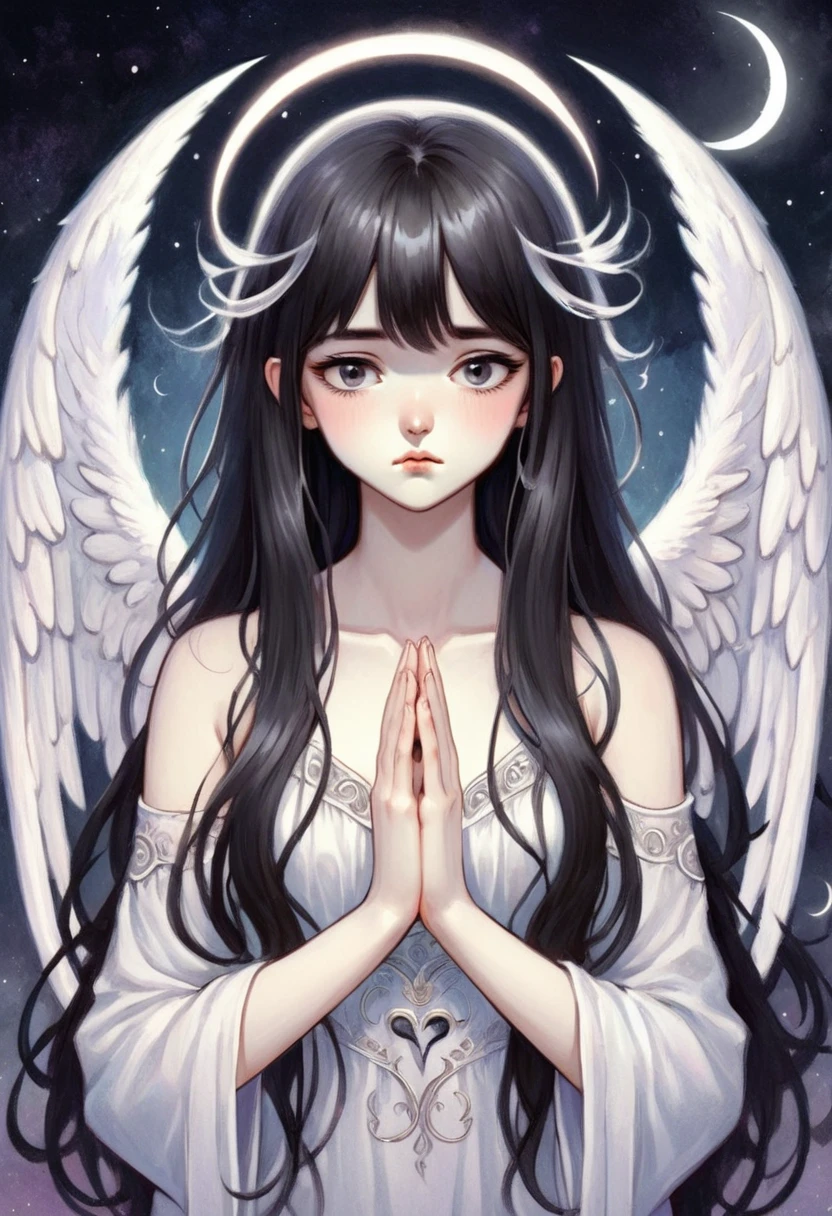 a girl, divided into two halves, left half white angel, right half black demon, anime style, long hair with bangs, hands in prayer, background is white crescent moon, eyes closed, cute, detailed art style, pastel colors, digital painting, fantasy, art nouveau style