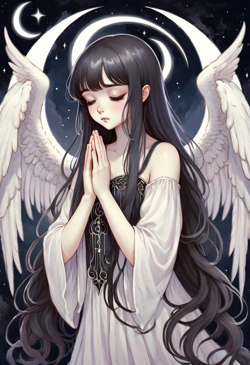 a girl, divided into two halves, left half white angel, right half black demon, anime style, long hair with bangs, hands in prayer, background is white crescent moon, eyes closed, cute, detailed art style, pastel colors, digital painting, fantasy, art nouveau style