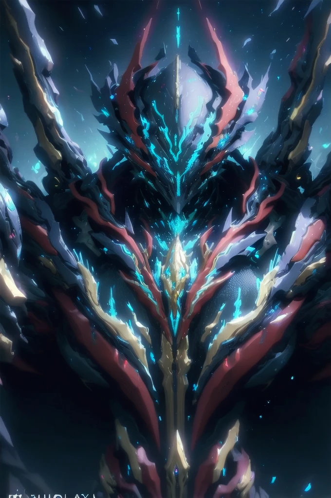 (best quality, masterpiece:1.4), Warframe, Mech, Knight, Armor, dark nightmarish theme, eerie black and blue coloration, ethereal blue flames, cowboy shot, facing viewer, vivid, gacha splash artwork