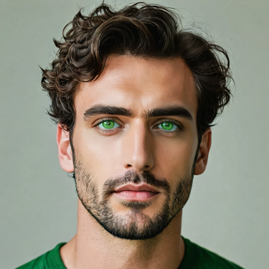 arafed man, 30s, stubble, short wavy hair, green eyeshadow, subtle makeup, masculine, male, editorial, photoshoot, realistic, ultrahd