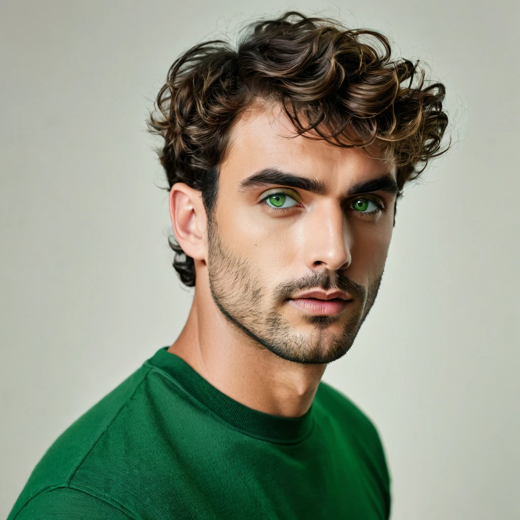 arafed man, 30s, stubble, short wavy hair, green eyeshadow, subtle makeup, masculine, male, editorial, photoshoot, realistic, ultrahd