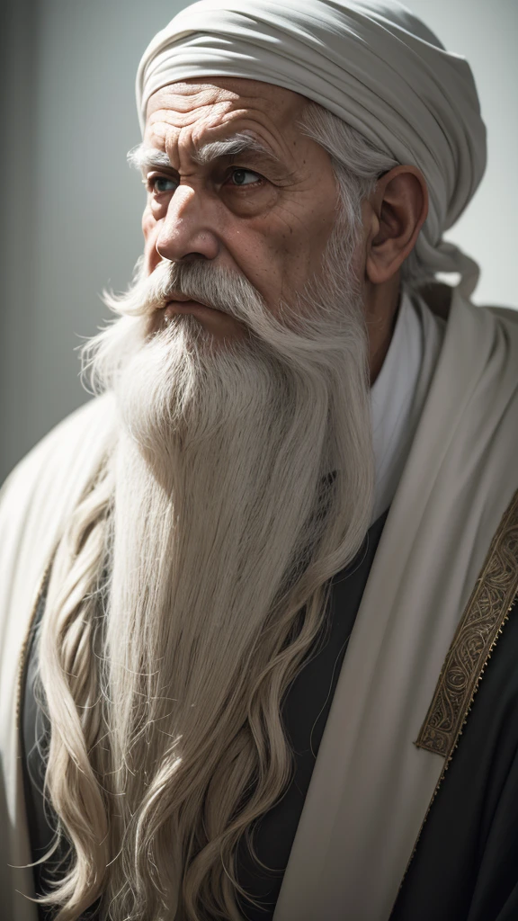 white moody aesthetic, wise old arab with a long white beard, intricate, sharp focus, fantasy, surreal 8k photo,
