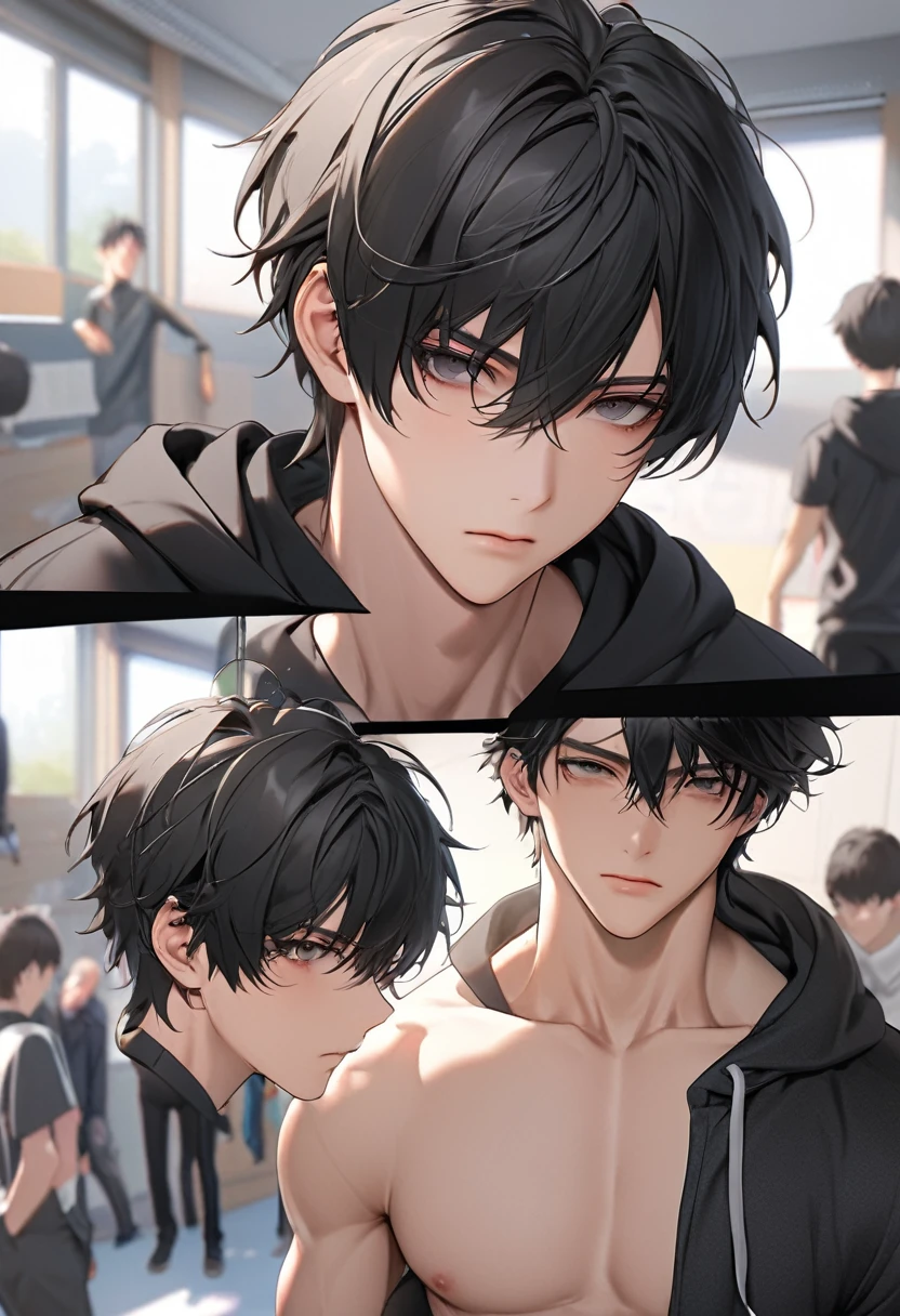 A highschool boy, handsome, perfect body, black hair, short hair, mullet, black eyes, upturned eyes, expressionless, black hoodie, anime, first-person view, masterpiece, anatomically correct, high details, highres, best quality, super detail, 1080P
