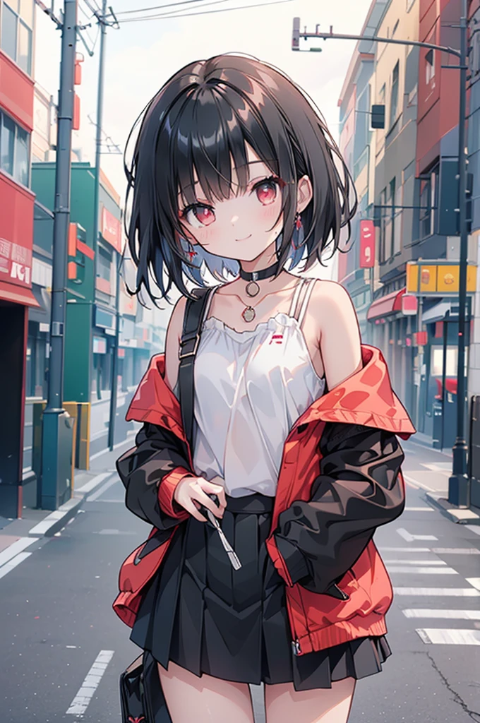 (masterpiece, highest quality, highest quality, (No text), Beautiful and aesthetic:1.2),No text,アニメ、BREAK,One Girl，Black Hair Girl　short hair　older sister　choker　Tree Eyes　Beautiful eyes　Red eyes　cool　smile　Red and Black　Black jacket　mini skirt　whole body　In town