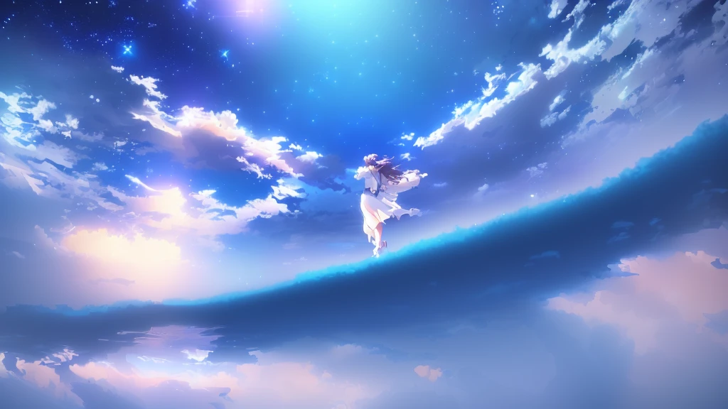 anime, A girl in a white dress floats in the water, Makoto Shinkai Cyril Rolland, anime girl walking on water, anime movie background, beautiful anime scene, today's featured anime still, anime film still, screenshot from the anime film, anime still film anime shikishi, star(null) starry_null