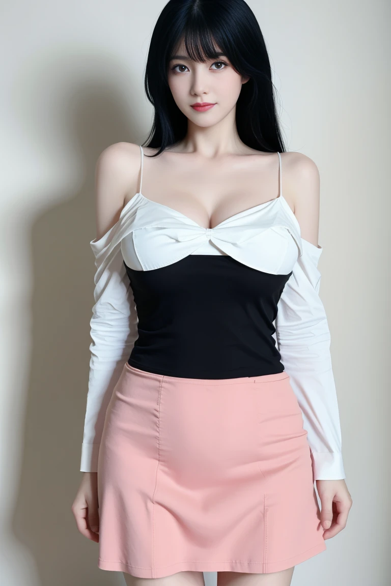 best quality, tmasterpiece,Ultra-high resolution,Clear face,(Reality:1.4),ferpect lighting,(upper body shot:1.5), (photorealistic:1.50), anime wallpaper, Guviz style artwork, cover-up fantasy up to magic , by Yang J, Guviz, beautiful artwork illustration, beautiful digital artwork, beautiful digital illustration, Li Song, beautiful anime portrait, art style in Beauvot,1girl,black hair, long hair,bangs, smile,Blush,(front:1.3),(standing:1.3), Bare shoulders,
Sweet girl outfit5, (high waist skirt), (Black skirt),indoor,In the room, (Curtain Background:1.3), mirror, (super Giant breasts:1.7), (shagging breasts:1.5), (Cleavage:1.3),
