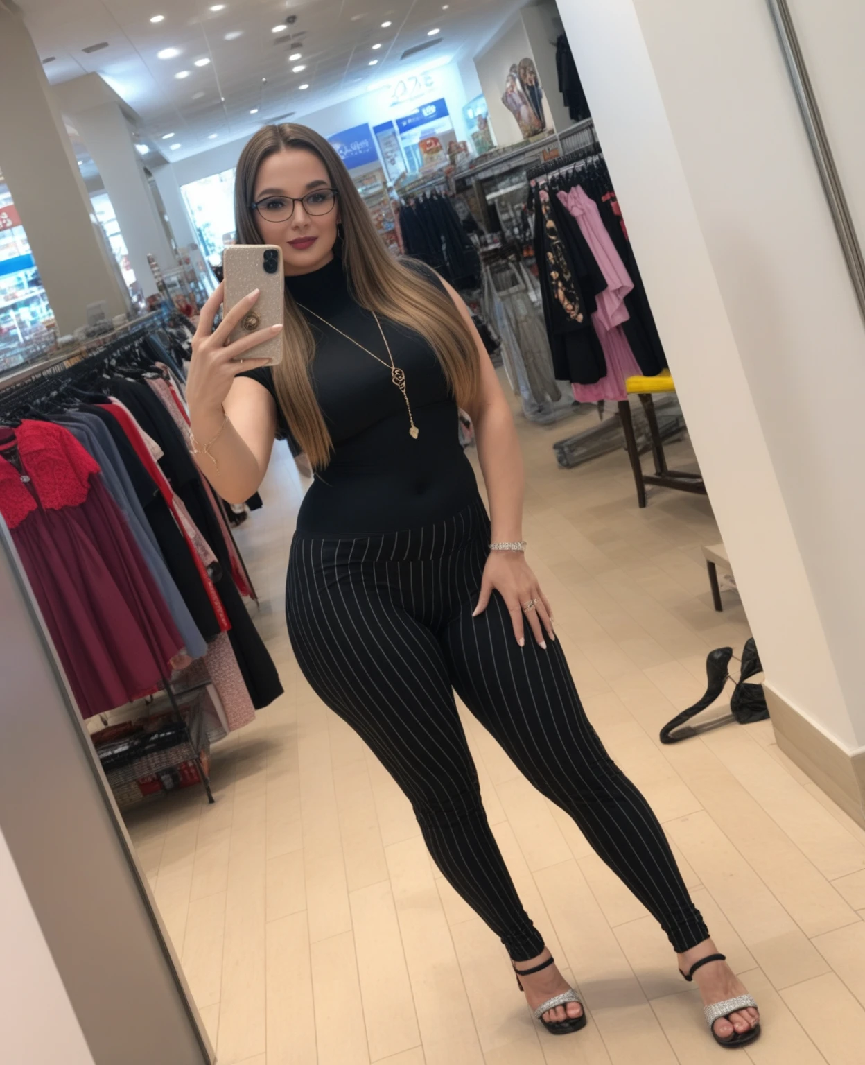 arafed woman taking a selfie in a clothing store, full body length, full body picture, outfit photo, tight outfit, thicc, 2 4 year old female model, skinny waist and thick hips, full body!, long full body shot, full body length shot, beautiful thick female, wide full body, full-figure, full body pose, full body;