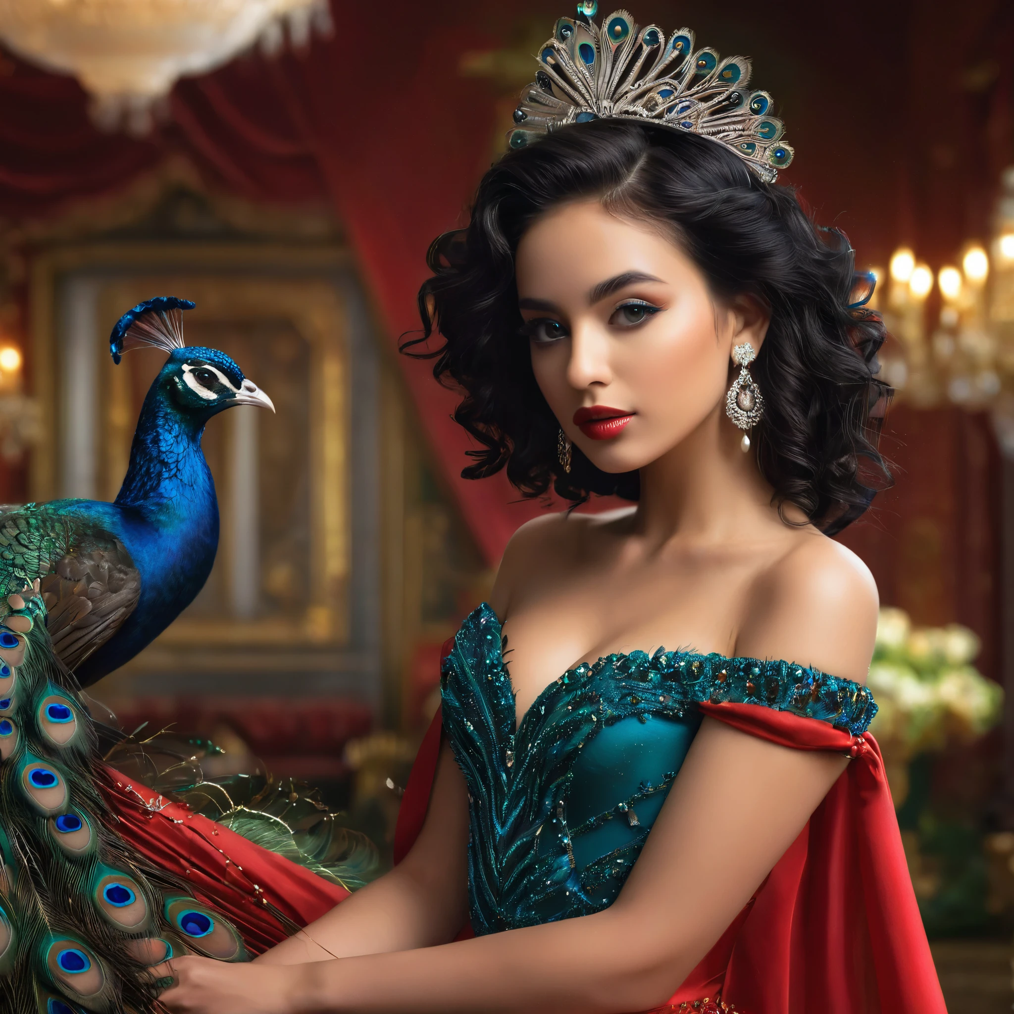 PROMPT: photorealistic,realistic,photography,masterpiece,best quality,ultra-detailed,extremely detailed, 8k wallpaper,1girl,looking at viewer,full body,off shoulder,tiara,makeup,breasts,black hair,curly hair,lips,dress,jewelry,earrings,bird,peacock strapless dress, feathers red dress, abstract,peacock background,