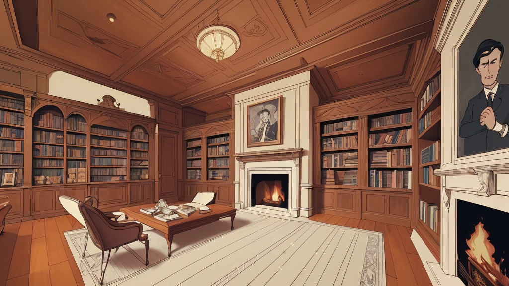 A cartoon drawing, a stylish and classic and luxury wide room with beautiful woodwork in the 1960s, lined with bookshelves and featuring a fireplace, plain floor and ceiling.