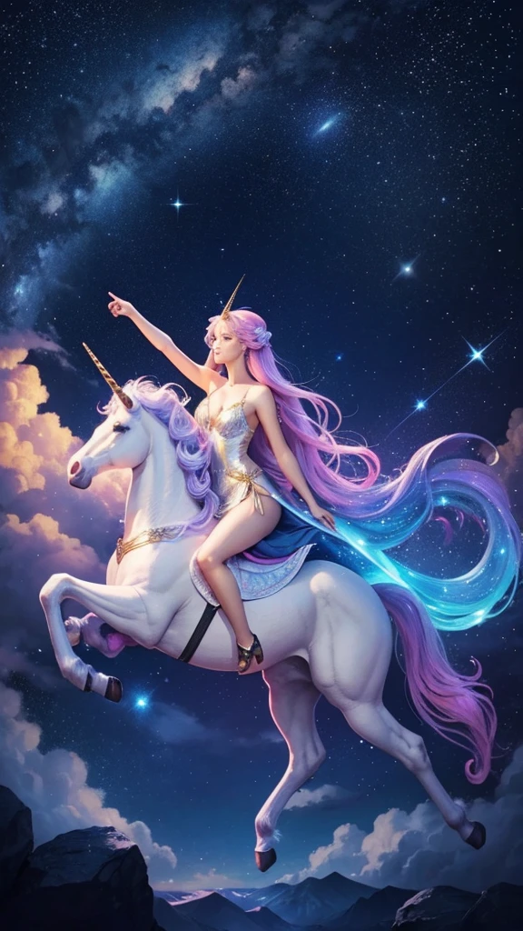 A stunning, nude woman, composed of a dazzling array of rainbow hues, reclines gracefully at the end of a radiant rainbow amidst the fluffy clouds in the sky. Bathed in dynamic and enchanting lighting, accentuates her vibrant, full-bodied form. Fantasy art. Masterpiece