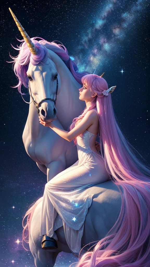 Please draw a unicorn and a heavenly maiden in a beautiful starry sky.