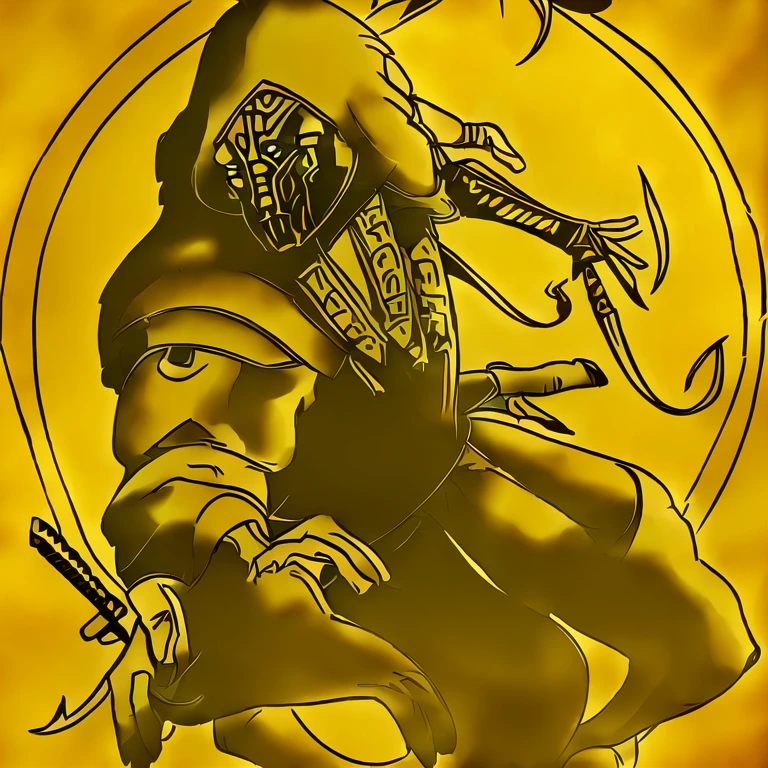 a man in a yellow and black outfit holding a sword, scorpion from mortal kombat, mortal kombat 11, character from mortal kombat, mk ninja, in mortal kombat, mortal kombat, snoop dogg in mortal kombat, style of mortal kombat, scorpion, ronin, black and golden armor, golden dragonborn, ninja scrolls, goro from mortal kombat, johnny silverhand