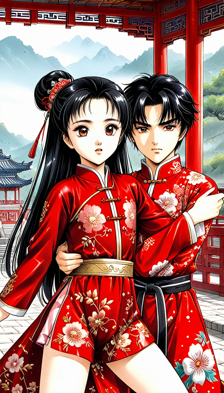 8k Tragic historical drama in live-action style: Beautiful palace secrets　Beautiful Chinese  Kung Fu girl princess with long black hair changes clothes　Gorgeous embroidery, Ultra glossy, She is wearing a shiny red top and bottom long sleeve floral pajama kung fu suit....　　