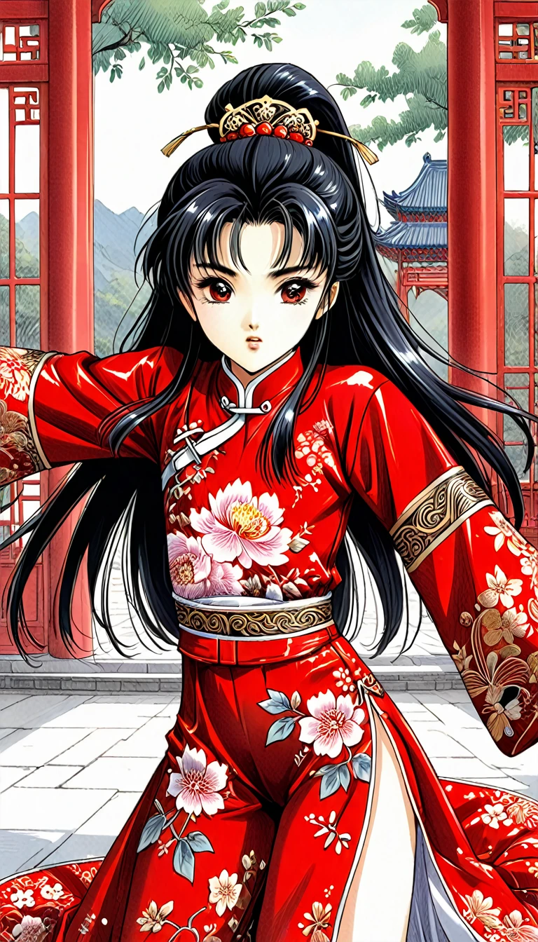 8k Tragic historical drama in live-action style: Beautiful palace secrets　Beautiful Chinese 10 year old Kung Fu girl princess with long black hair changes clothes　Gorgeous embroidery, Ultra glossy, She is wearing a shiny red top and bottom long sleeve floral pajama kung fu suit....　　