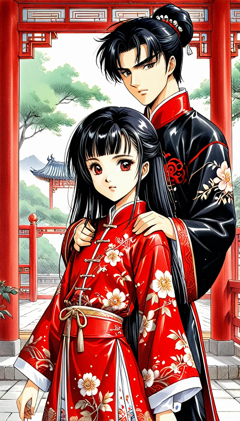 8k Tragic historical drama in live-action style: Beautiful palace secrets　Beautiful Chinese  Kung Fu girl princess with long black hair changes clothes　Gorgeous embroidery, Ultra glossy, She is wearing a shiny red top and bottom long sleeve floral pajama kung fu suit....　　