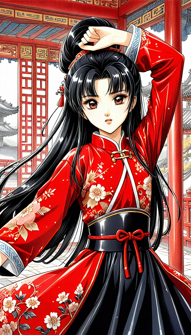 8k Tragic historical drama in live-action style: Beautiful palace secrets　Beautiful Chinese  Kung Fu girl princess with long black hair changes clothes　Gorgeous embroidery, Ultra glossy, She is wearing a shiny red top and bottom long sleeve floral pajama kung fu suit....　　