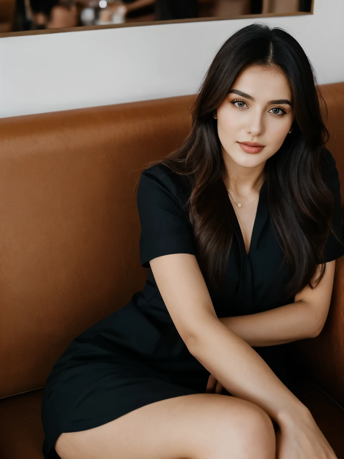 Arafat woman sitting on a sofa in a restaurant, minimalist restaurant design, photo 2024, modern girl, in black dress, chic woman, Anna Nikonova aka newmilky, Anastasia Ovchinnikova, Julia Razumova style, girl with super long hair, attractive girl, Angelina Stroganova, attractive long hair, cute woman, beautiful Iranian woman, Victoria Gavrilenko