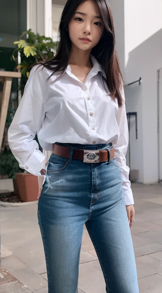 girl, asian, white_top, long sleeves, black_jeans, shirt_tucked_in, belt, standing, transparent clothes