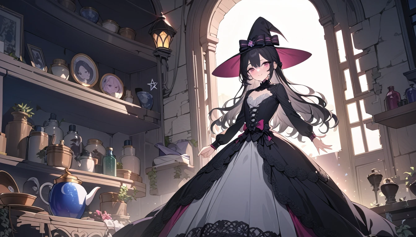 (best quality,4k,highres), pink-eyed,long black hair,girl looks happy,beautiful detailed eyes,beautiful detailed lips,long eyelashes,best quality portrait painting,detailed,physically-based rendering,ultra-fine painting,fine details,painting,a age boy has joined a witch coven and gets magically transformed into a cute teenwitch girl,gender bending,witches are helping putting clothes on the new girl,girl happily getting dressed in a stunning black victorian dress, physically-based rendering,gorgeous dress design,flowing gown,elaborate lace details,rich textures,contrast stitching,delicate ribbon bows,floral accents,full skirt,high neckline,long sleeves,fitted waistline,flared cuffs,lace-up back,imperfect fabrics,flawless silhouette,high heels, pink-eyed girl,effeminate face,pointy hat,long black hair,witches assisting in dressing up the new girl,promptly helps the new girl getting dressed in a stunning black Victorian dress,inside an abandoned castle, moonlit night with a full moon shining above, soft and ethereal lighting, magic pot, potions on a shelf, pentagram, high resolution, 4K, 8K