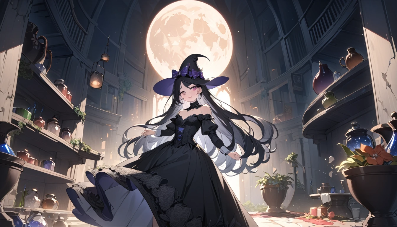 (best quality,4k,highres), pink-eyed,long black hair,girl looks happy,beautiful detailed eyes,beautiful detailed lips,long eyelashes,best quality portrait painting,detailed,physically-based rendering,ultra-fine painting,fine details,painting,a age boy has joined a witch coven and gets magically transformed into a cute teenwitch girl,gender bending,witches are helping putting clothes on the new girl,girl happily getting dressed in a stunning black victorian dress, physically-based rendering,gorgeous dress design,flowing gown,elaborate lace details,rich textures,contrast stitching,delicate ribbon bows,floral accents,full skirt,high neckline,long sleeves,fitted waistline,flared cuffs,lace-up back,imperfect fabrics,flawless silhouette,high heels, pink-eyed girl,effeminate face,pointy hat,long black hair,witches assisting in dressing up the new girl,promptly helps the new girl getting dressed in a stunning black Victorian dress,inside an abandoned castle, moonlit night with a full moon shining above, soft and ethereal lighting, magic pot, potions on a shelf, pentagram, high resolution, 4K, 8K