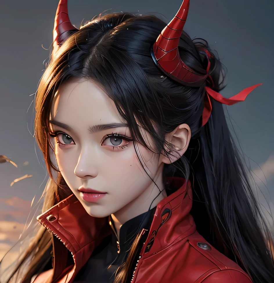 anime girl with horns and red jacket, very detailed artgerm, artgerm. detail tinggi, detail artgerm, model iG | artgerm, detailed digital anime art, Realistic anime artstyle, potret artgerm, rin tohsaka, artgerm style, artgerm. anime illustration, artgerm by Artstation pixiv, cool pose, fuul body